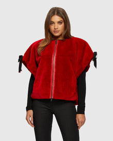Select Shearling Lamb Collarless Short Sleeve Jacket | Red