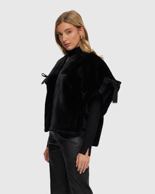 Select Shearling Lamb Collarless Short Sleeve Jacket | Black (V1)