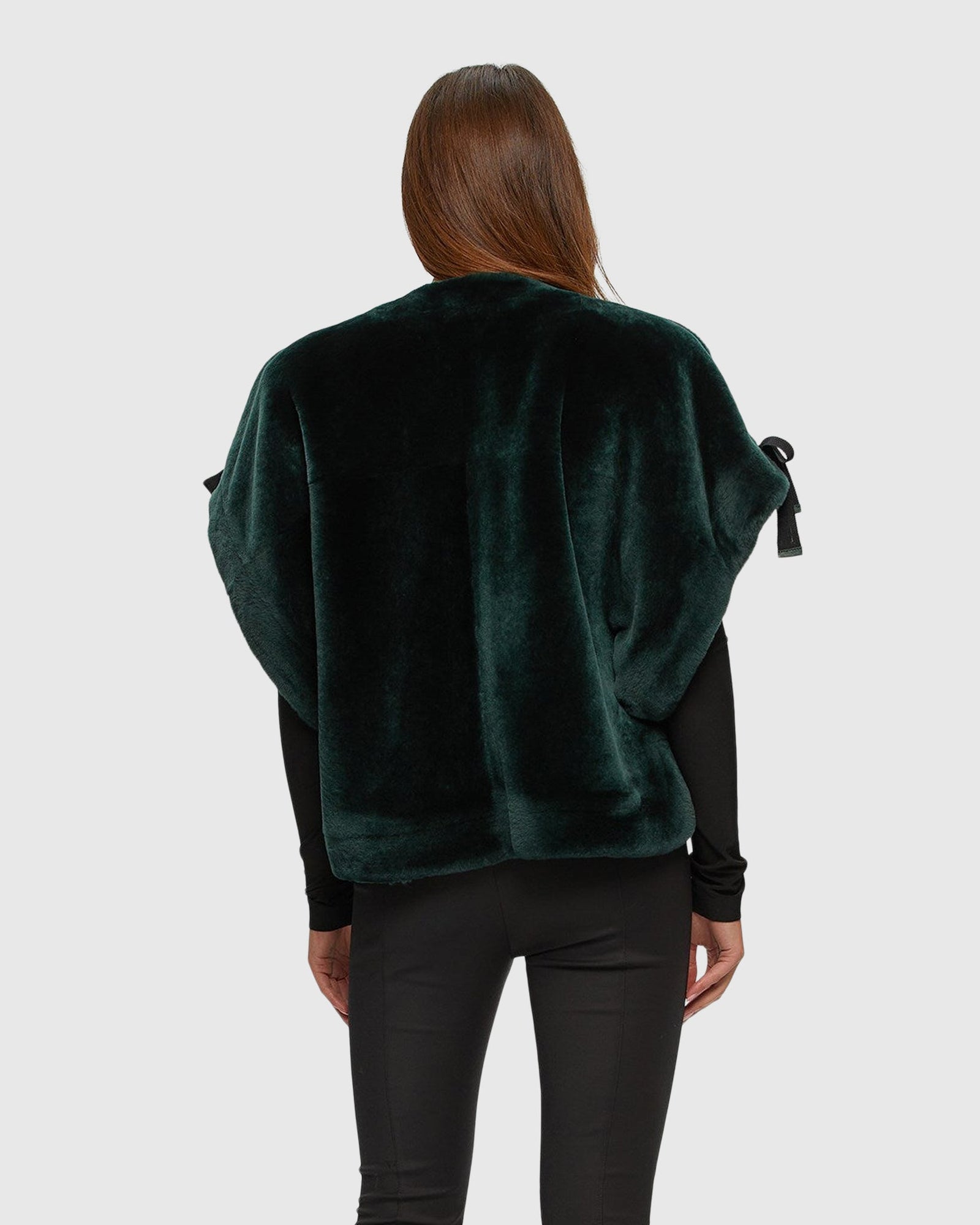 Select Shearling Lamb Collarless Short Sleeve Jacket | Emerald
