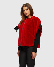 Select Shearling Lamb Collarless Short Sleeve Jacket | Red