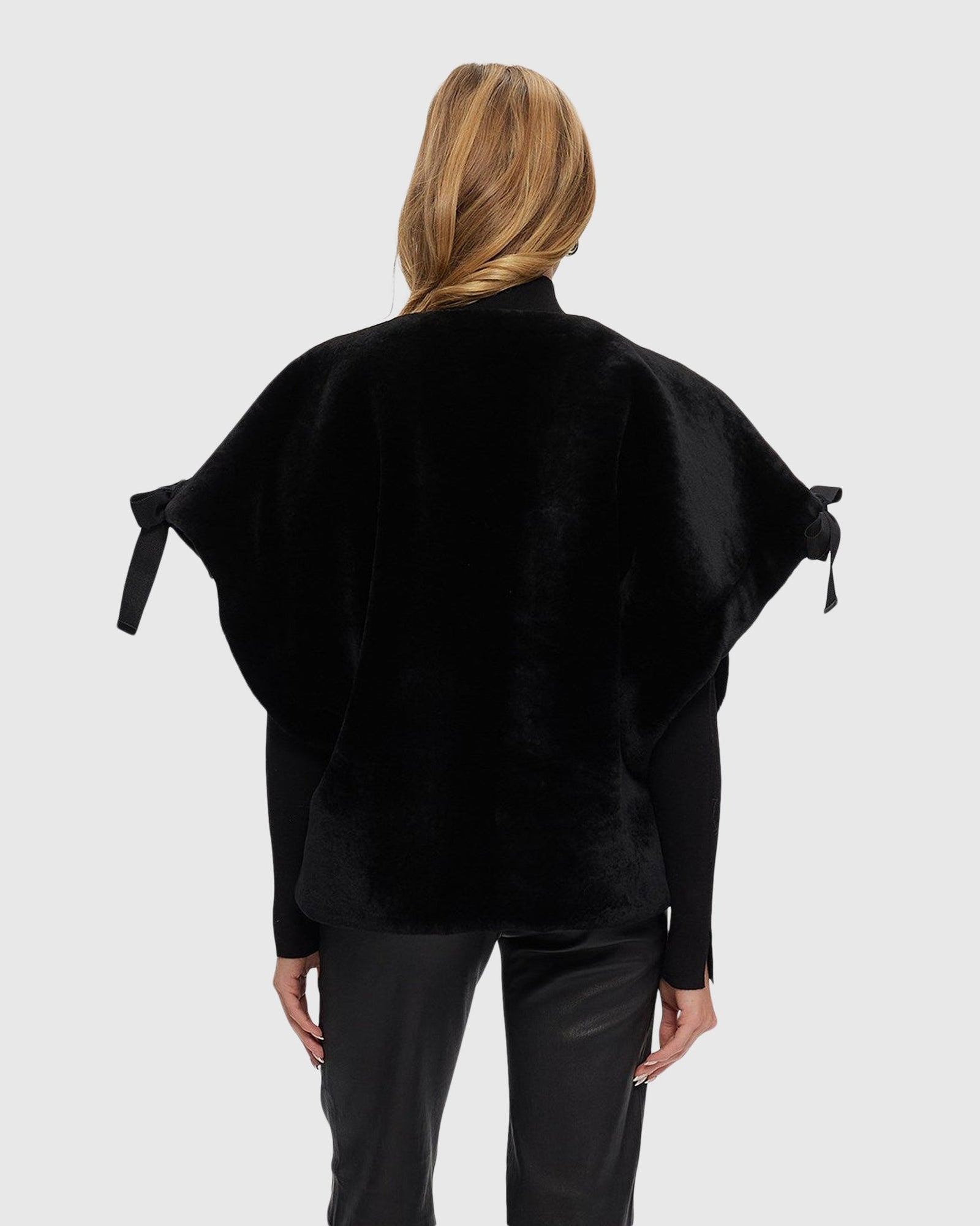 Select Shearling Lamb Collarless Short Sleeve Jacket | Black (V1)