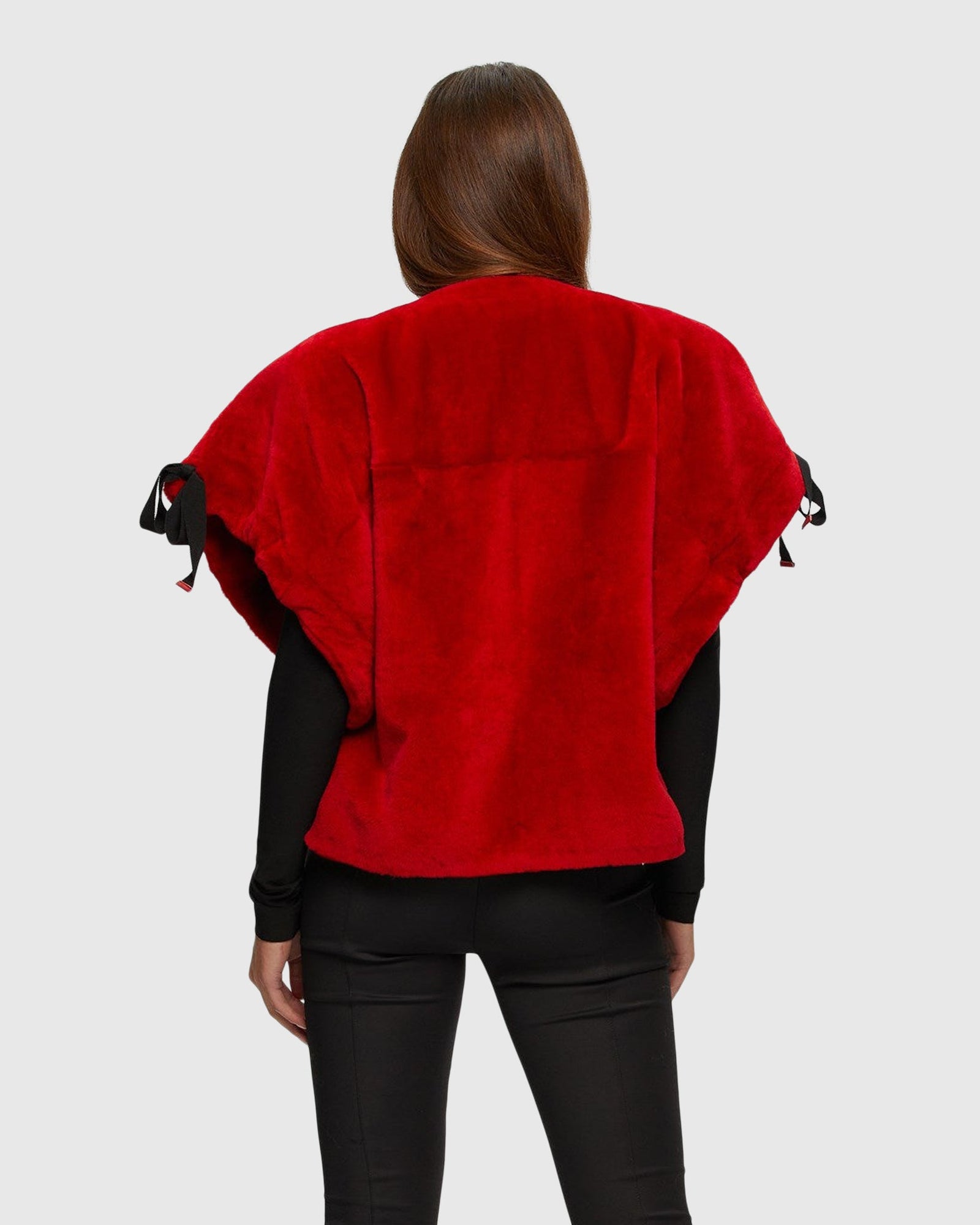 Select Shearling Lamb Collarless Short Sleeve Jacket | Red