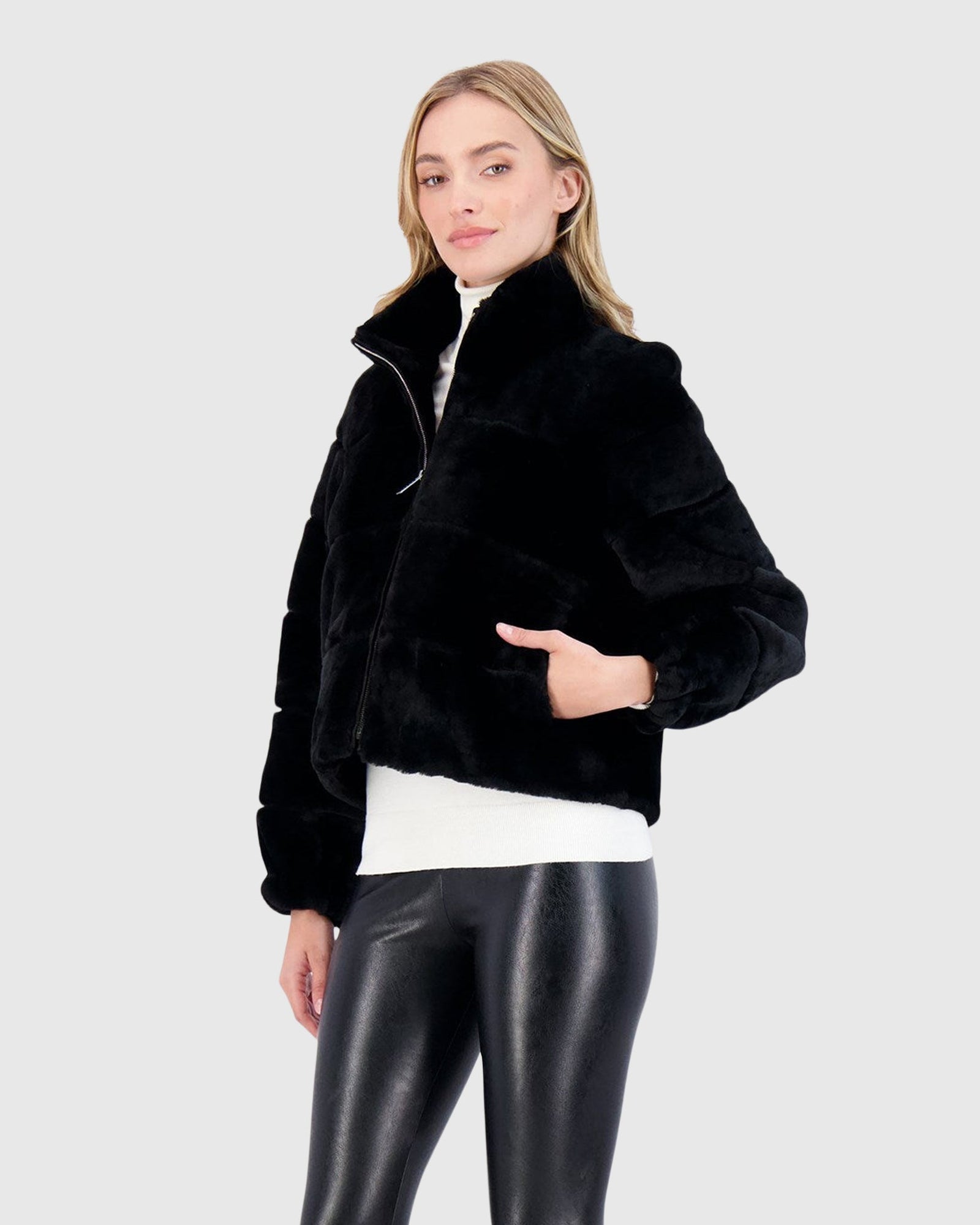 Select Shearling Lamb Horizontal Zip Jacket | Black