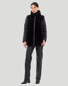 Select Shearling Lamb Jacket With Detachable Quilted Sleeves | Women | Black x Brown Leopard