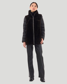 Select Shearling Lamb Jacket With Detachable Quilted Sleeves | Women | Black x Brown Leopard