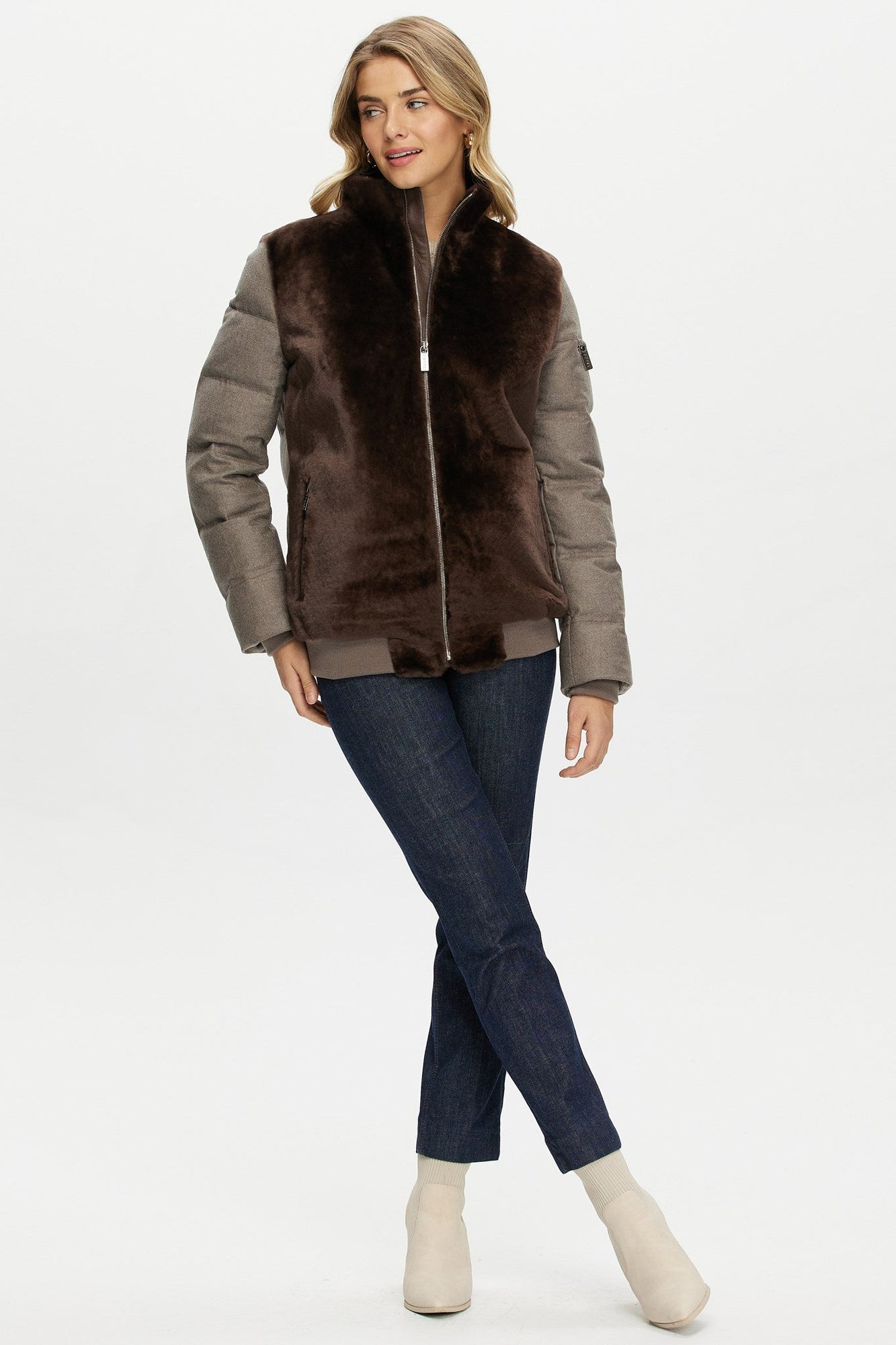 Select Shearling Lamb Jacket With Loro Piana Cashmere & Wool Down Sleeves And Back | Women | Brown x Taupe