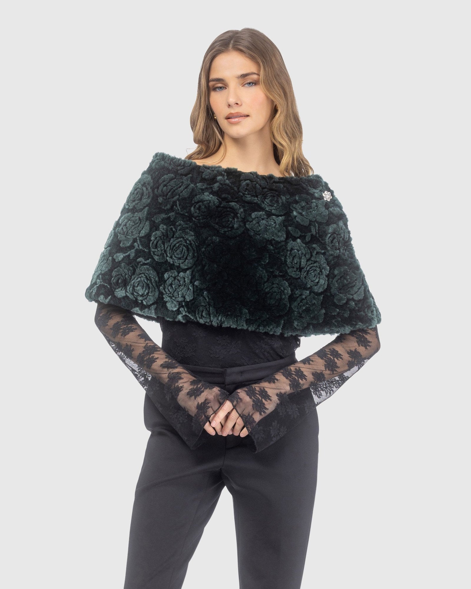 Select Shearling Lamb Rose Laser Printed Capelet | Emerald Brisa