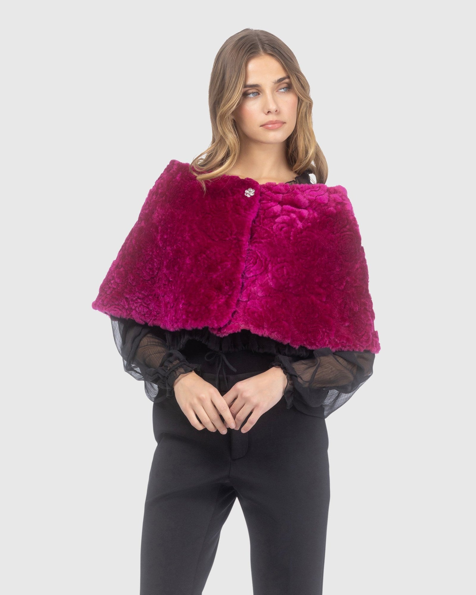 Select Shearling Lamb Rose Laser Printed Capelet | Magenta Brisa