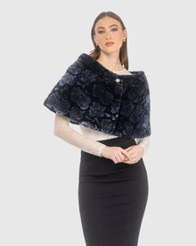 Select Shearling Lamb Rose Laser Printed Capelet | Navy Brisa