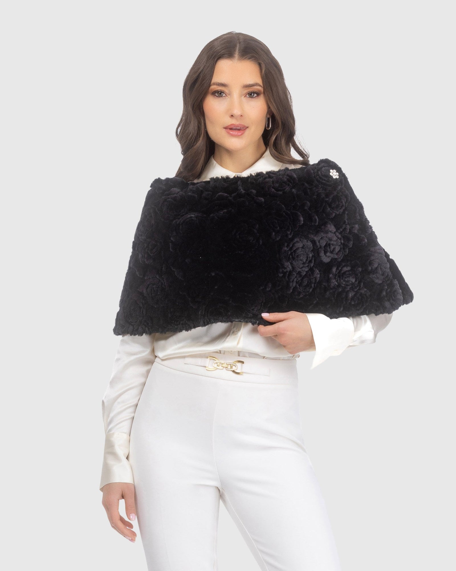 Select Shearling Lamb Rose Laser Printed Capelet | Black Brisa