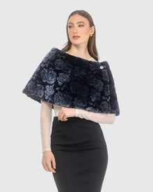 Select Shearling Lamb Rose Laser Printed Capelet | Navy Brisa