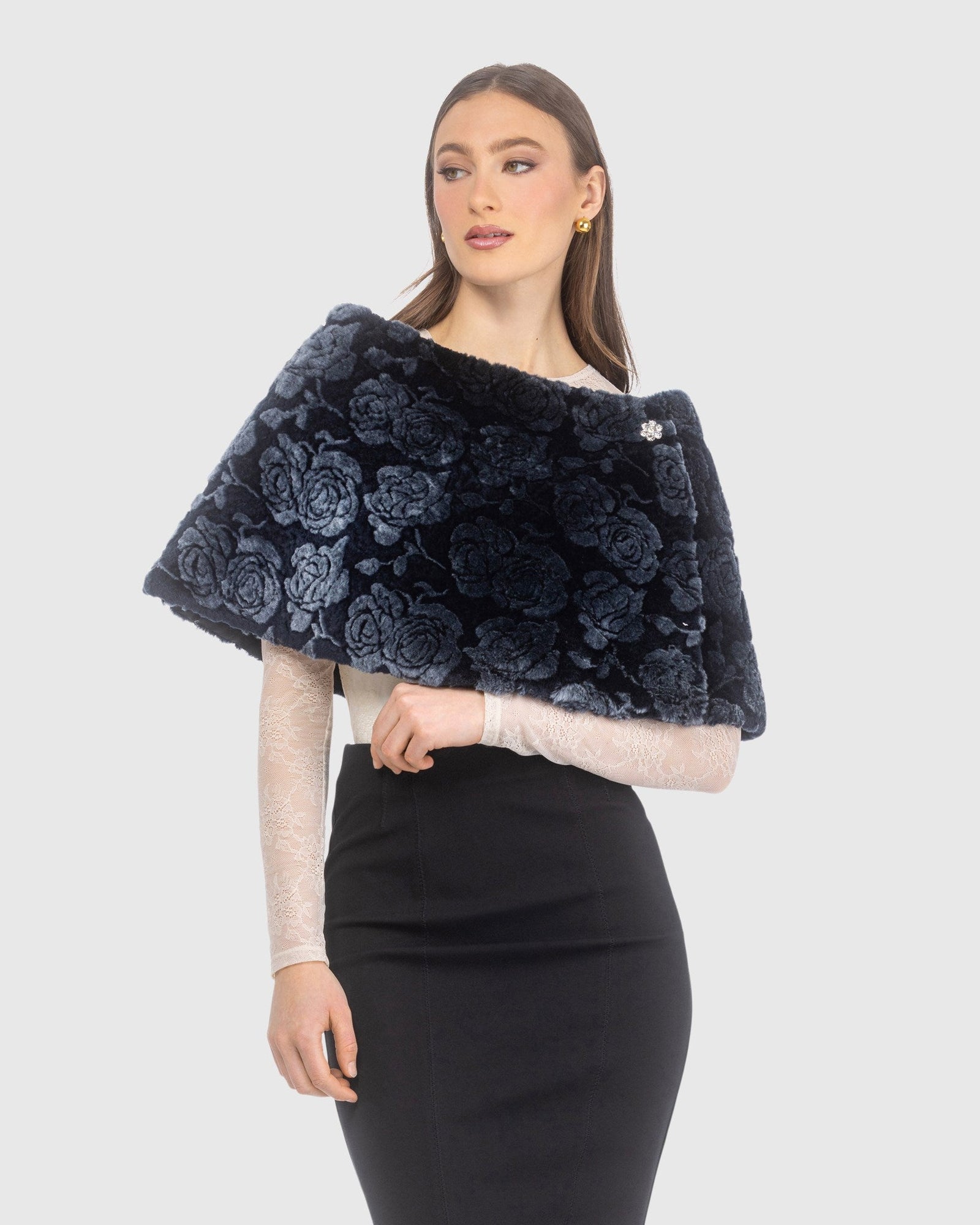 Select Shearling Lamb Rose Laser Printed Capelet | Navy Brisa