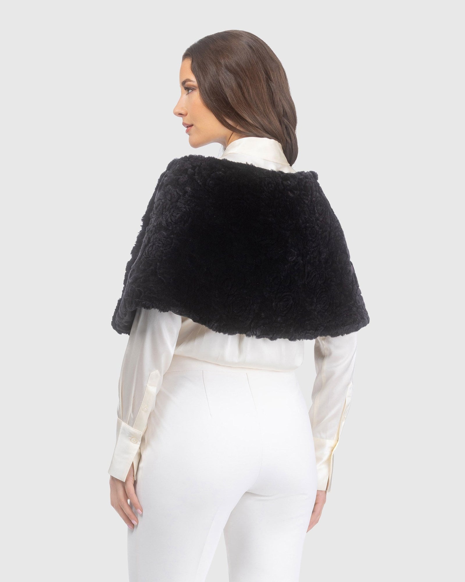 Select Shearling Lamb Rose Laser Printed Capelet | Black Brisa