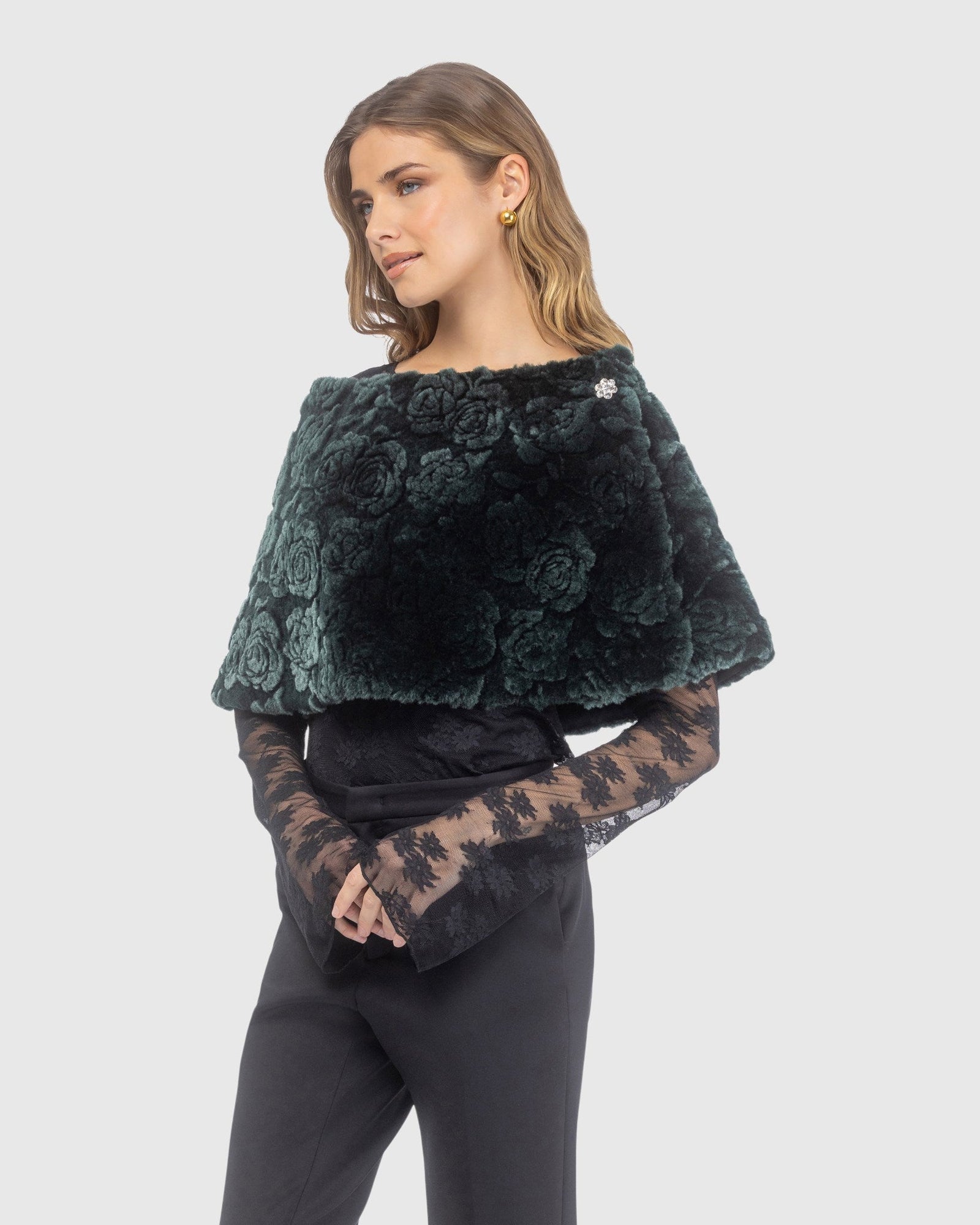 Select Shearling Lamb Rose Laser Printed Capelet | Emerald Brisa