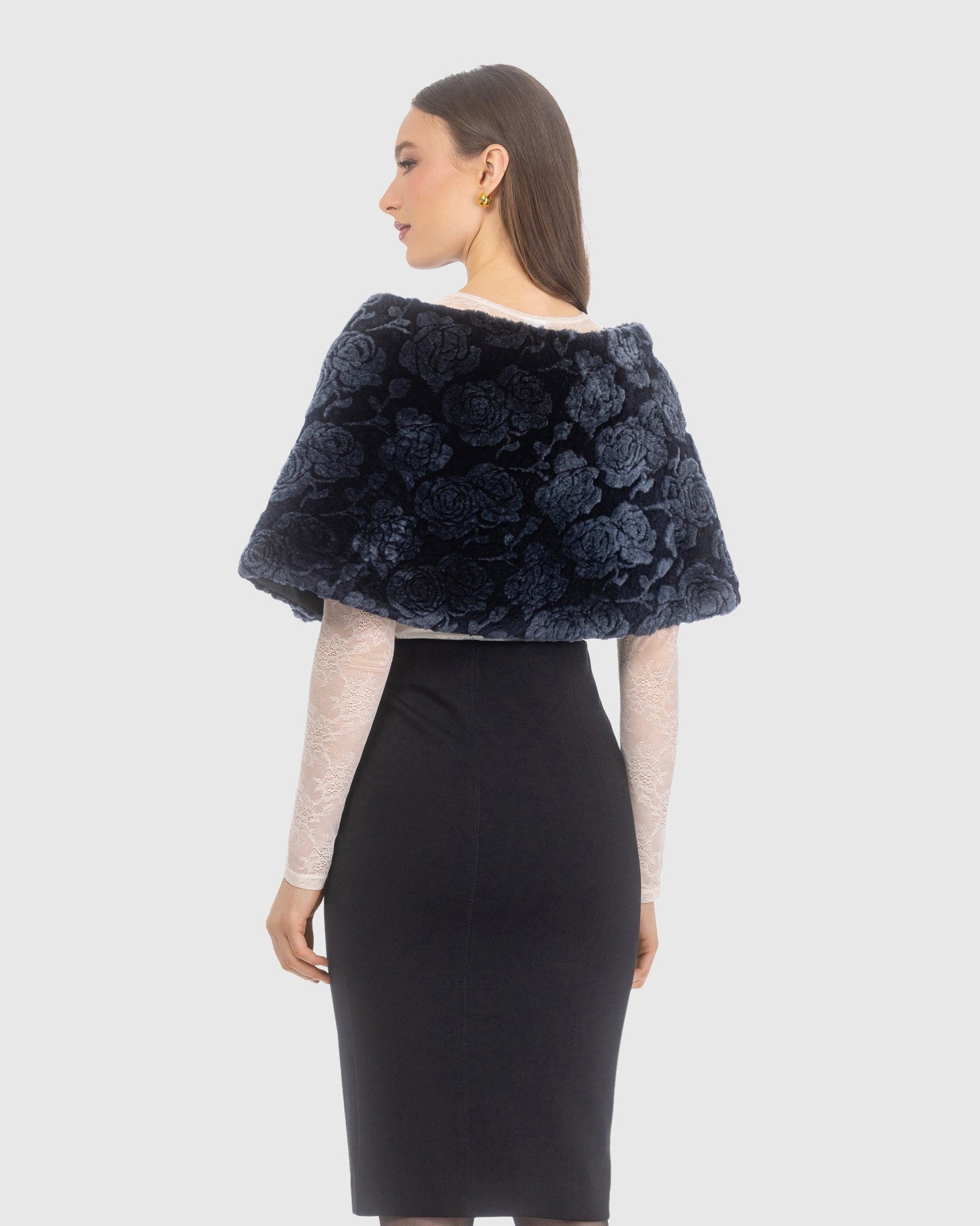 Select Shearling Lamb Rose Laser Printed Capelet | Navy Brisa