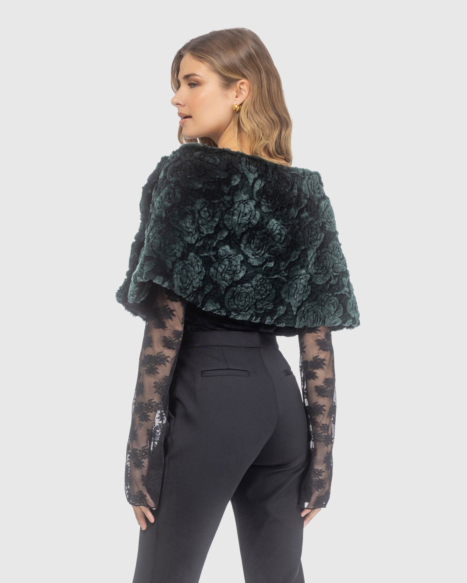Select Shearling Lamb Rose Laser Printed Capelet | Emerald Brisa