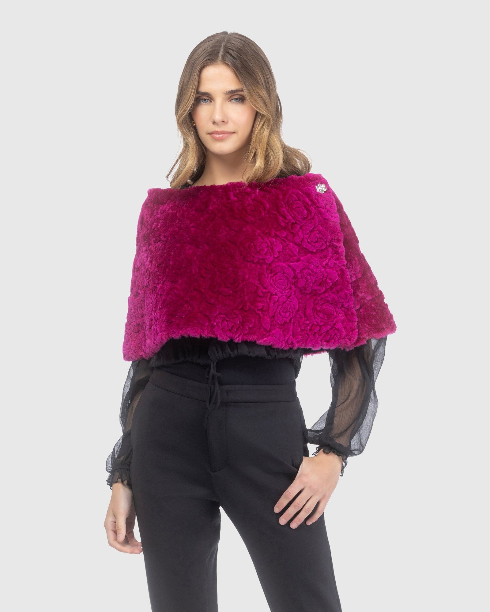 Select Shearling Lamb Rose Laser Printed Capelet | Magenta Brisa