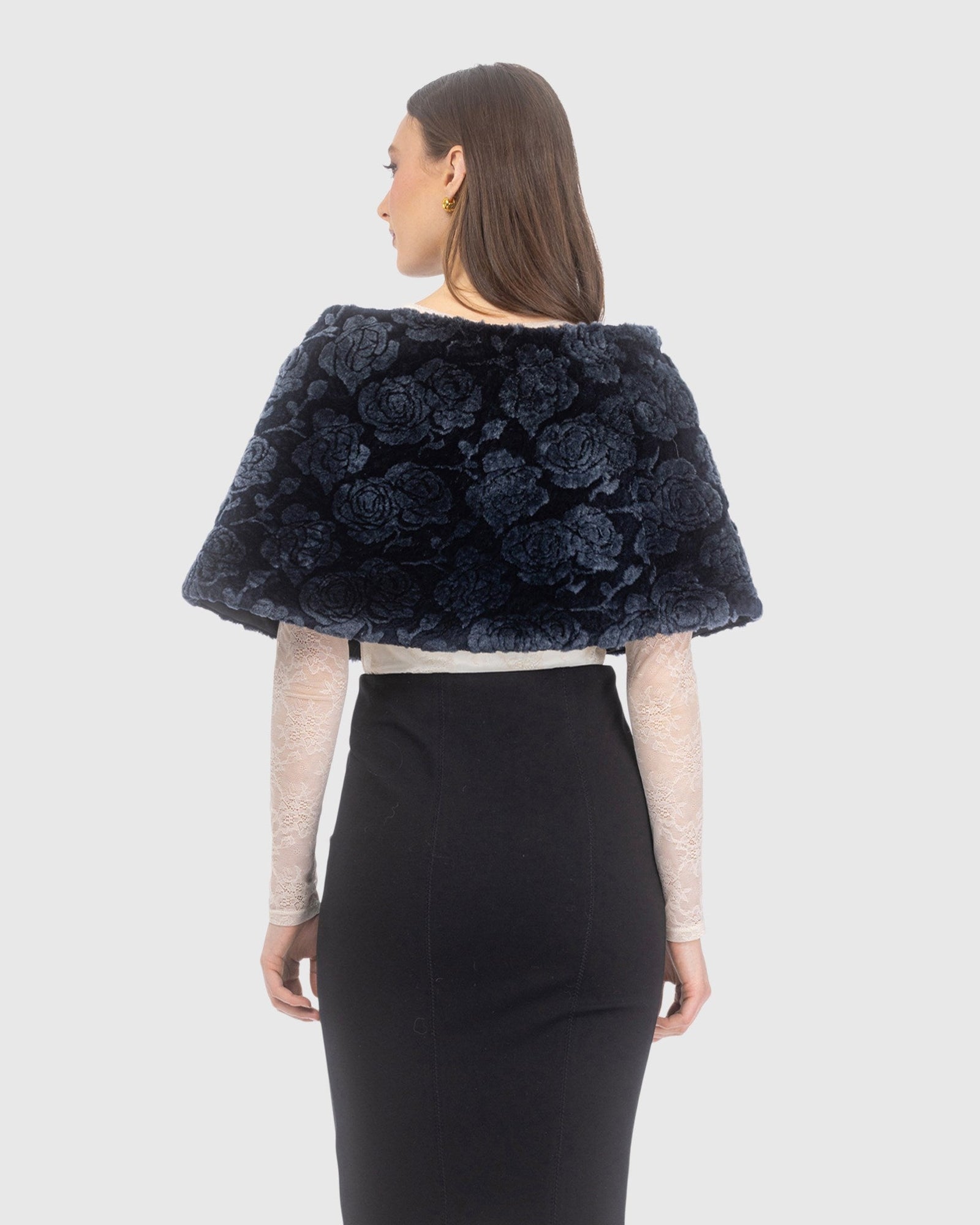 Select Shearling Lamb Rose Laser Printed Capelet | Navy Brisa