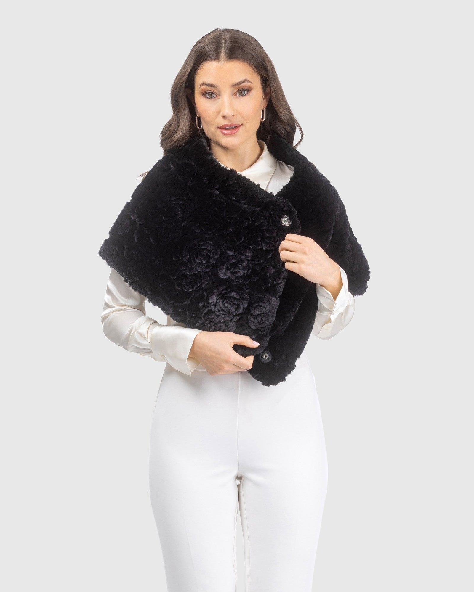 Select Shearling Lamb Rose Laser Printed Capelet | Black Brisa