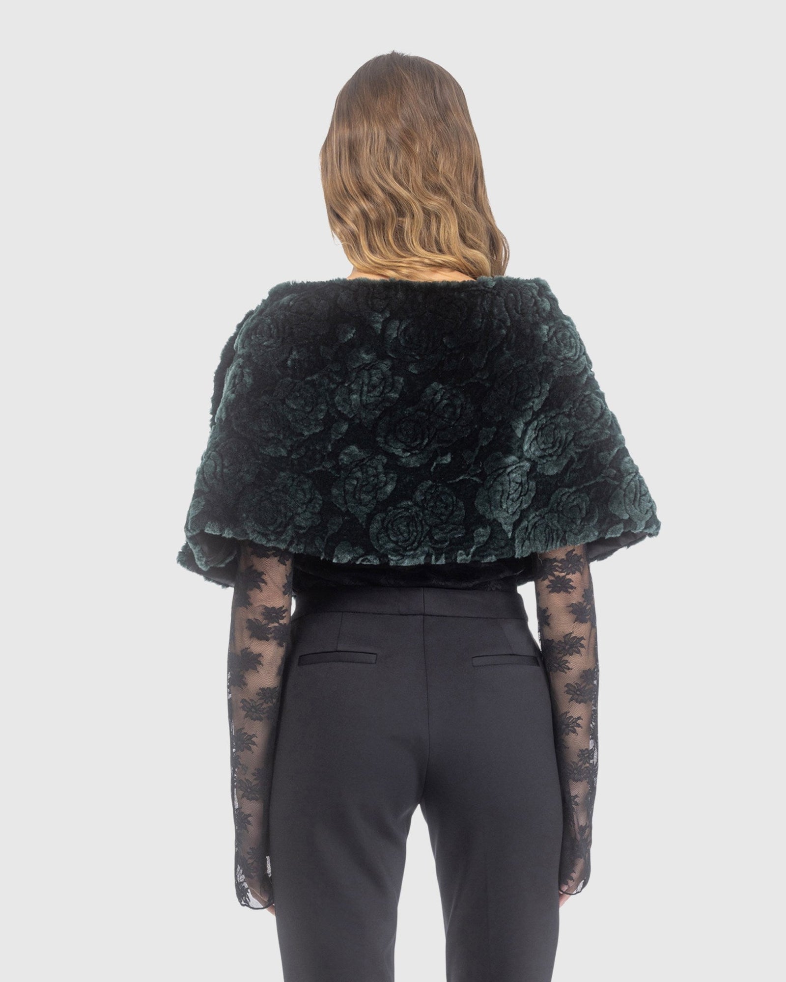 Select Shearling Lamb Rose Laser Printed Capelet | Emerald Brisa