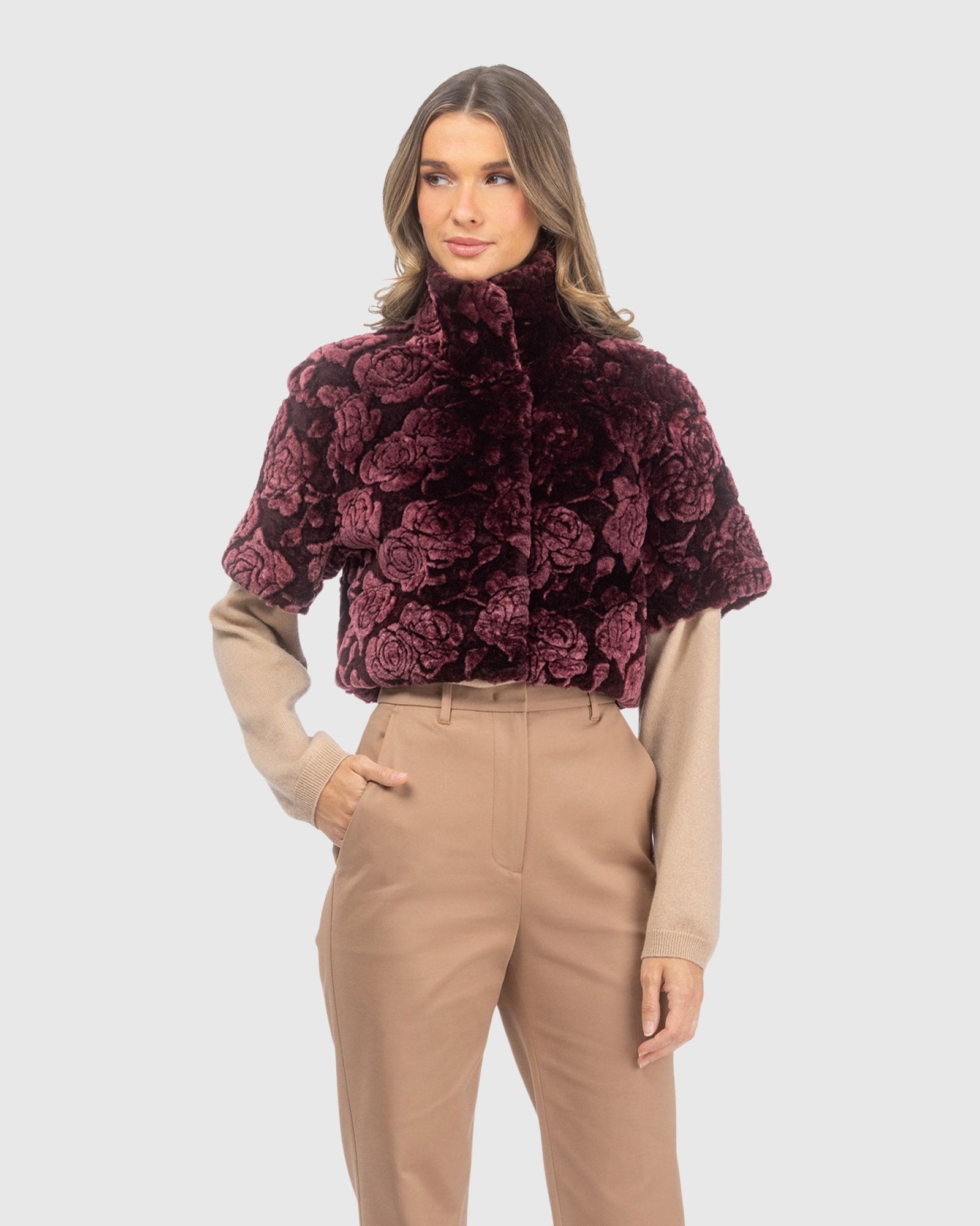 Select Shearling Lamb Rose Printed Bolero With Cropped Sleeves | Burgundy Brisa