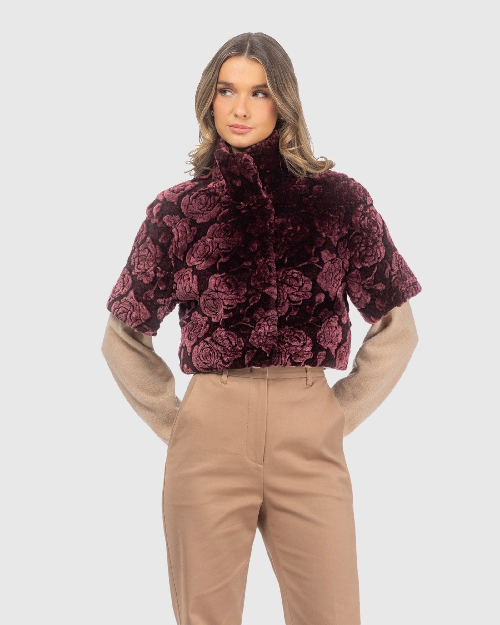 Select Shearling Lamb Rose Printed Bolero With Cropped Sleeves | Burgundy Brisa