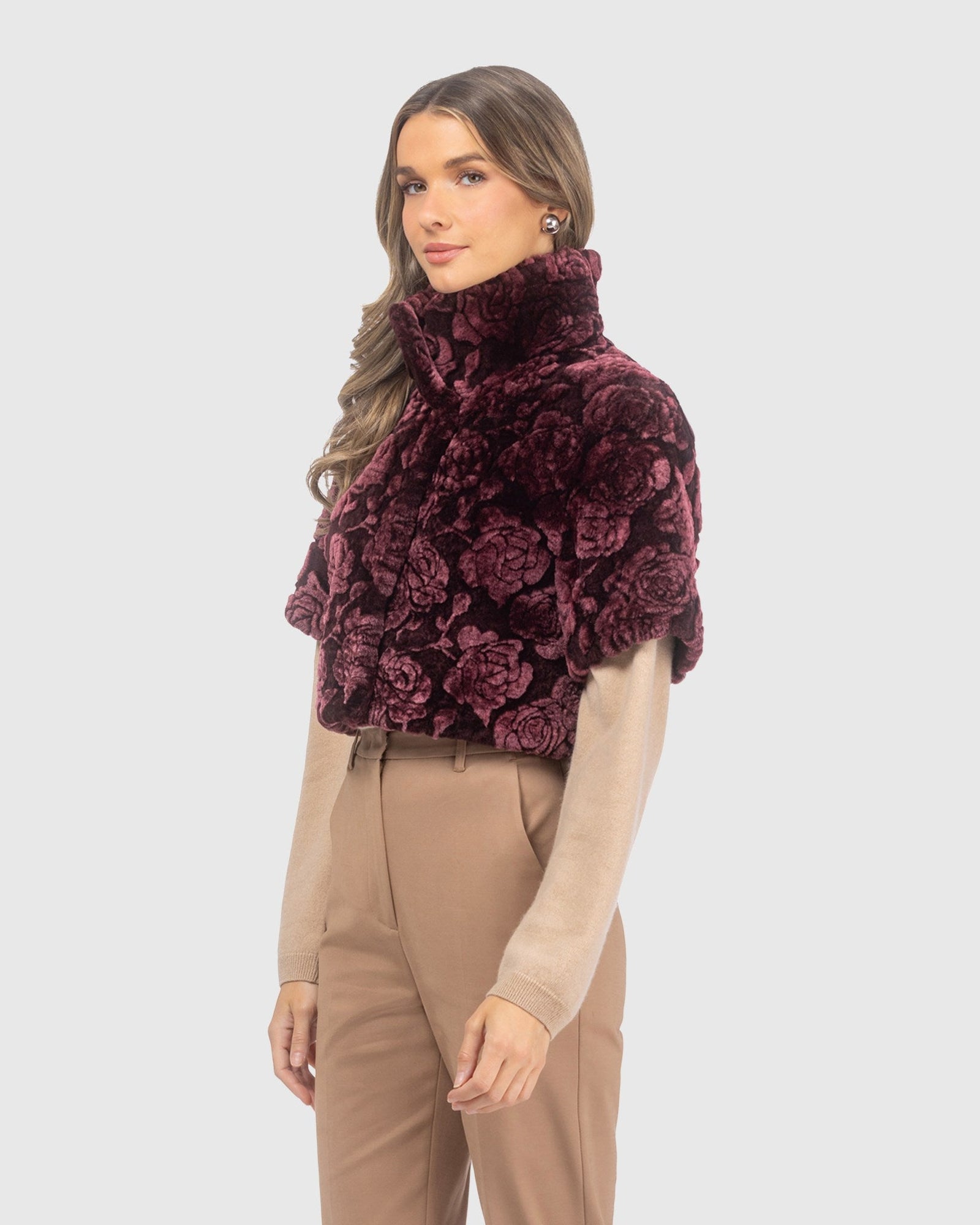 Select Shearling Lamb Rose Printed Bolero With Cropped Sleeves | Burgundy Brisa