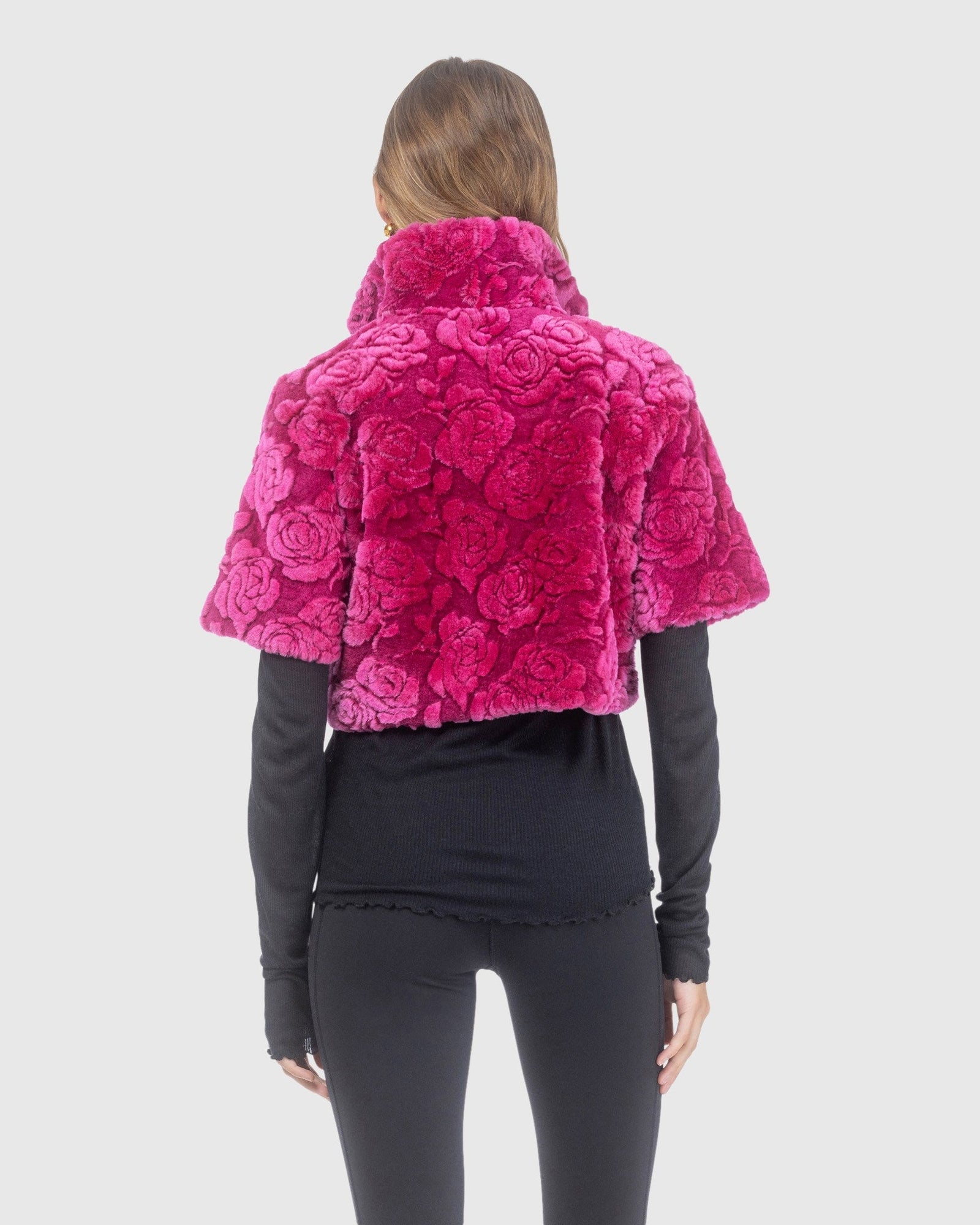Select Shearling Lamb Rose Printed Bolero With Cropped Sleeves | Magenta Brisa