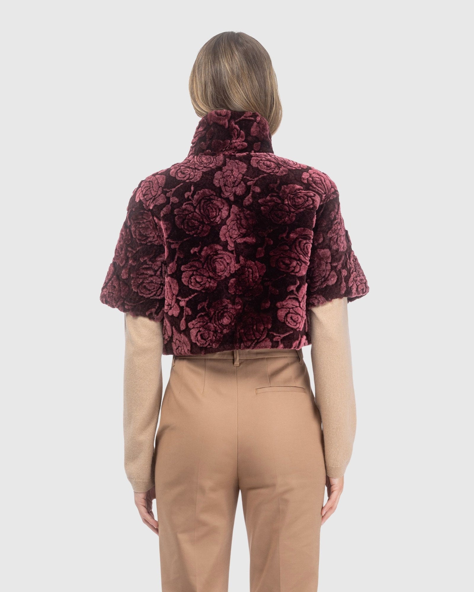 Select Shearling Lamb Rose Printed Bolero With Cropped Sleeves | Burgundy Brisa