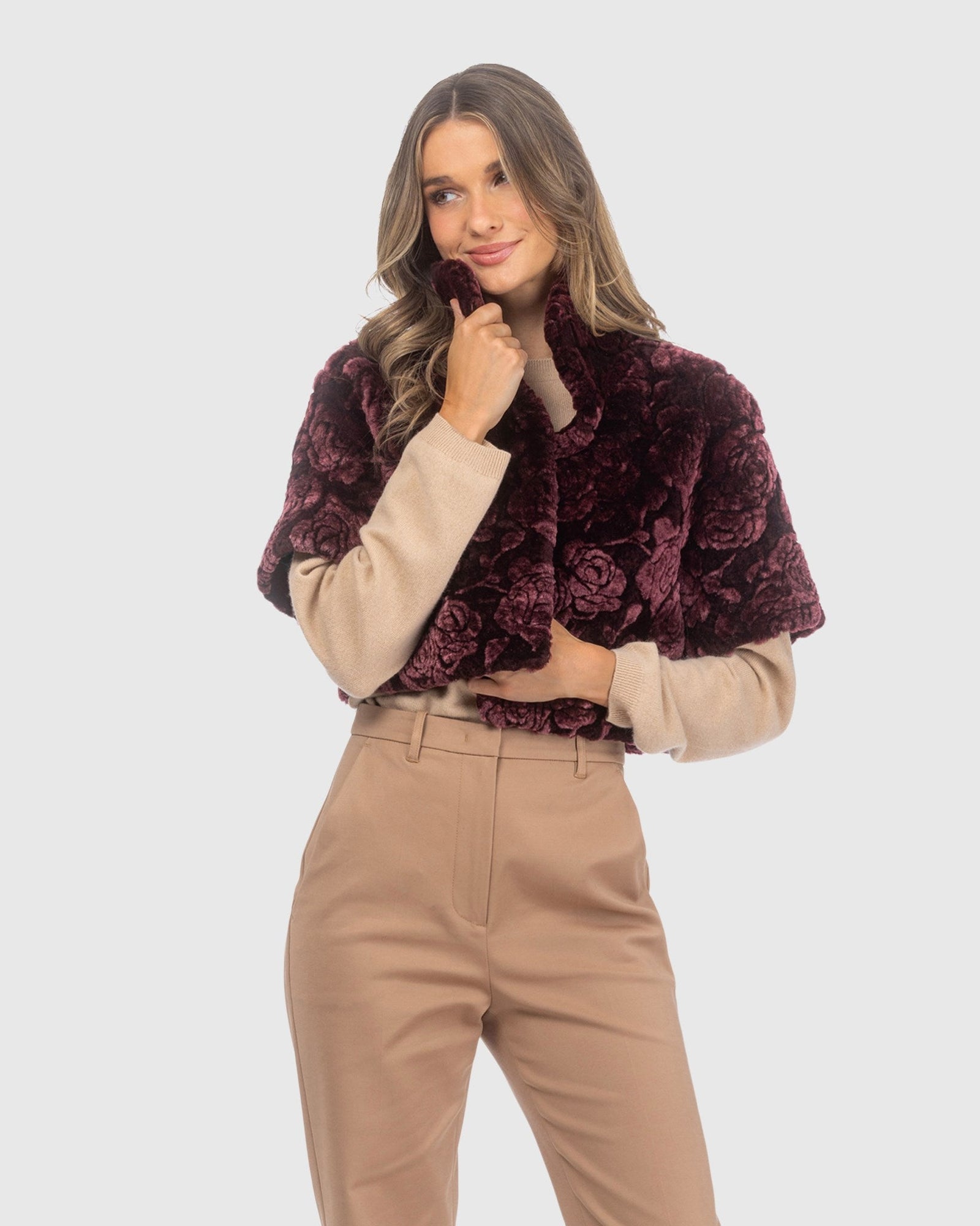 Select Shearling Lamb Rose Printed Bolero With Cropped Sleeves | Burgundy Brisa