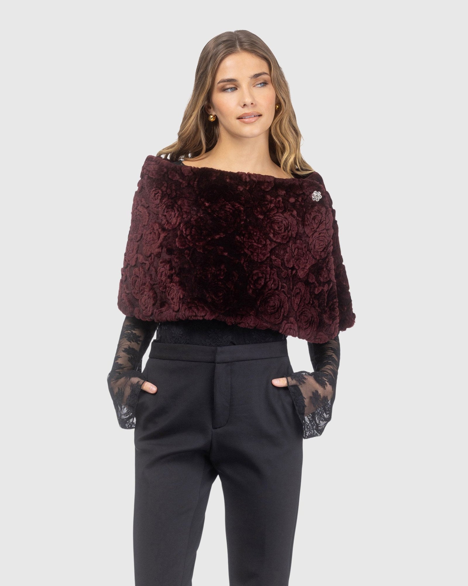 Select Shearling Lamb Rose Printed Capelet | Burgundy