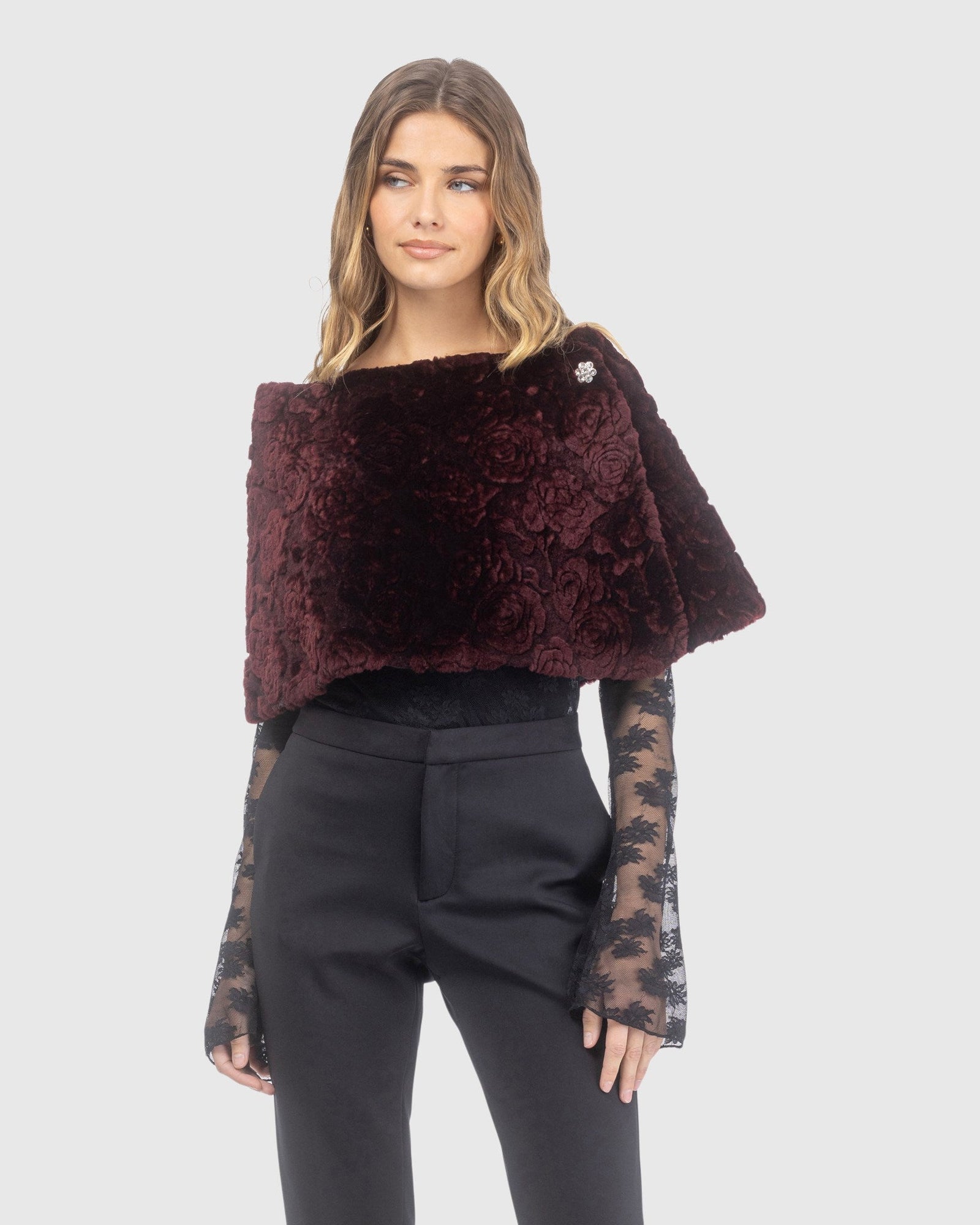 Select Shearling Lamb Rose Printed Capelet | Burgundy