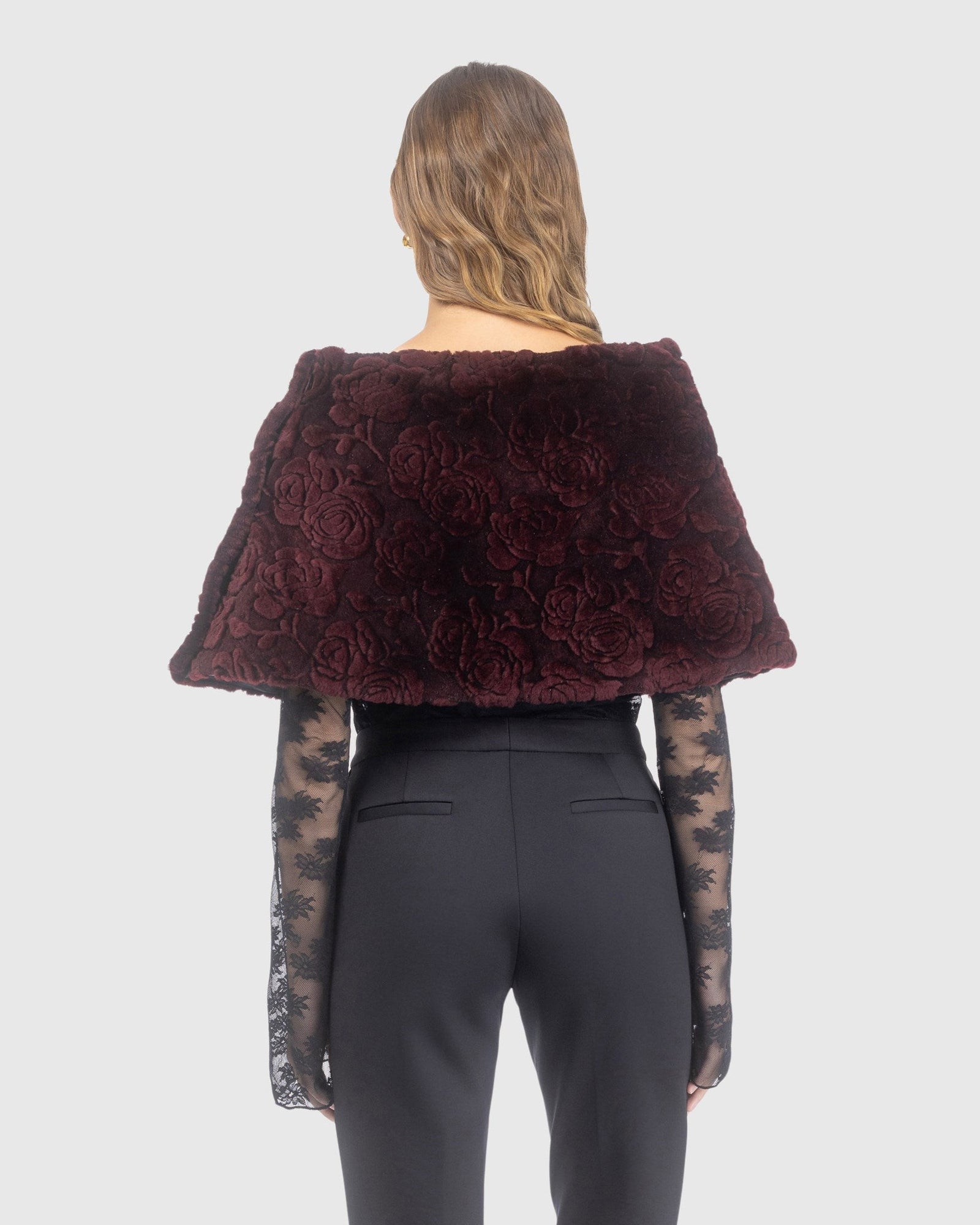 Select Shearling Lamb Rose Printed Capelet | Burgundy