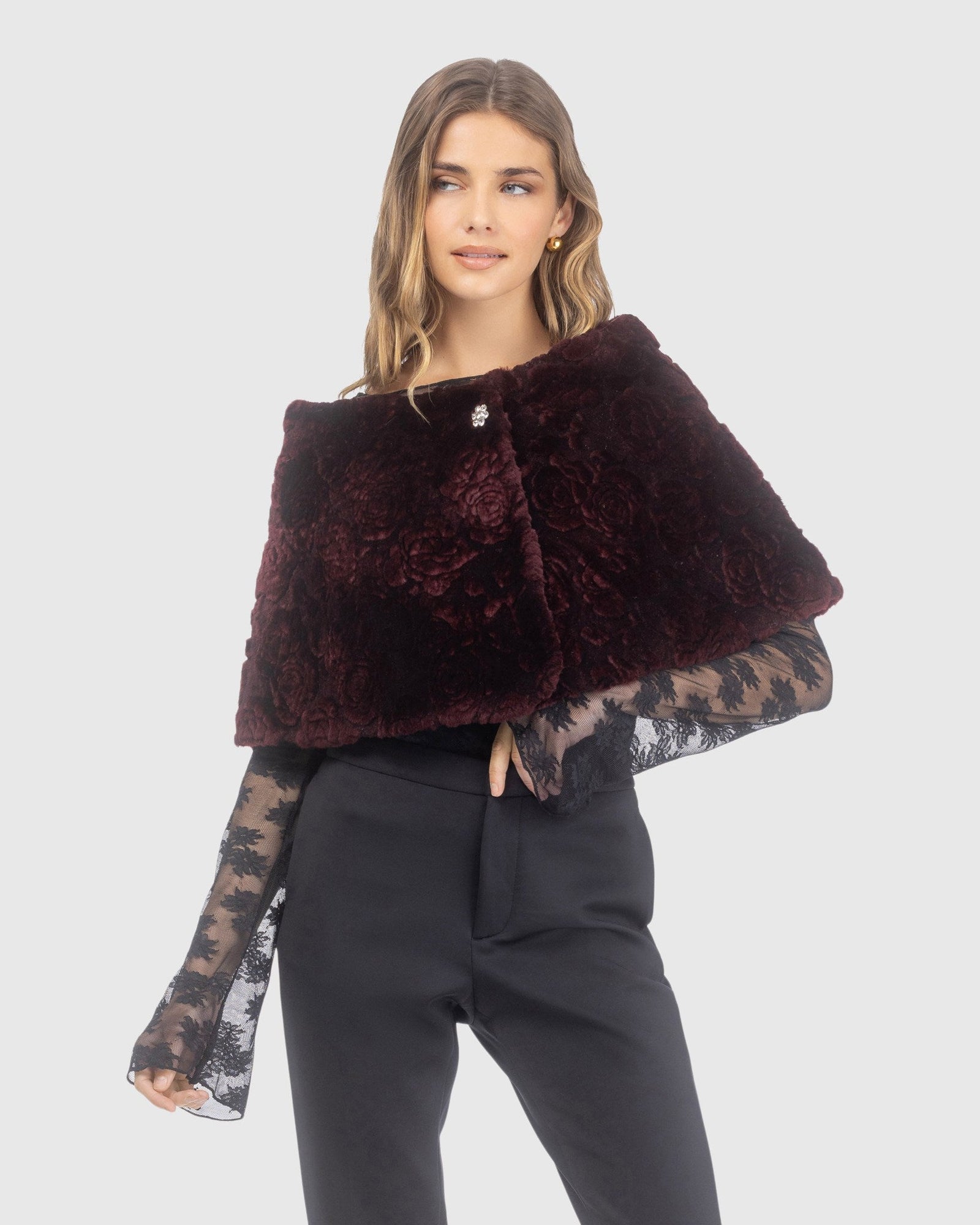 Select Shearling Lamb Rose Printed Capelet | Burgundy