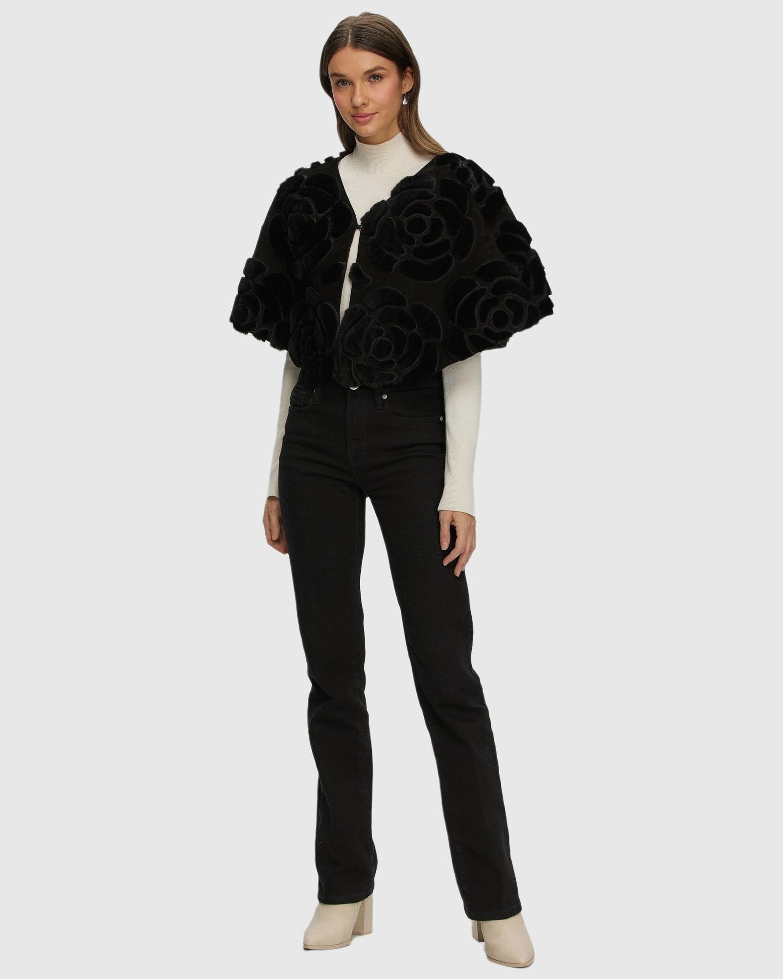 Select Shearling Lamb and Suede Floral Embroidered Stole Reversible To Loro Piana Cashmere and Wool | Black/Black