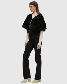 Select Shearling Lamb and Suede Floral Embroidered Stole Reversible To Loro Piana Cashmere and Wool | Black/Black