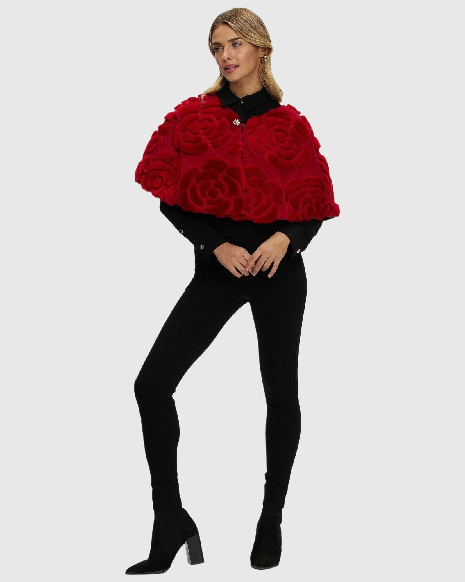 Select Shearling Lamb and Suede Floral Embroidered Stole Reversible To Loro Piana Cashmere and Wool | Red/Black