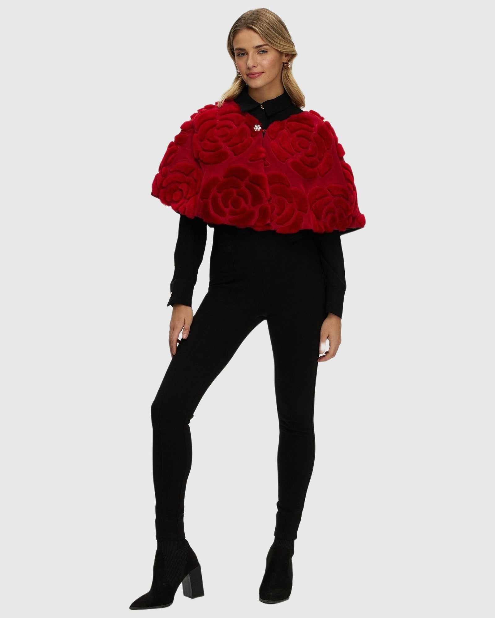 Select Shearling Lamb and Suede Floral Embroidered Stole Reversible To Loro Piana Cashmere and Wool | Red/Black