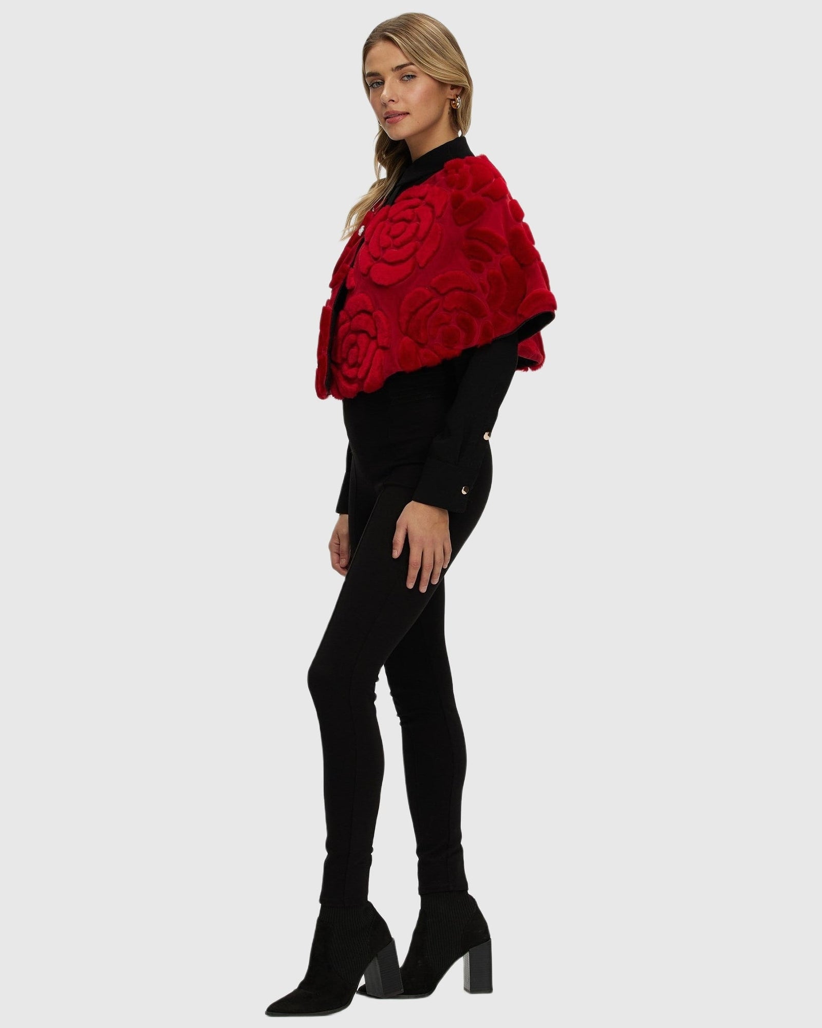 Select Shearling Lamb and Suede Floral Embroidered Stole Reversible To Loro Piana Cashmere and Wool | Red/Black