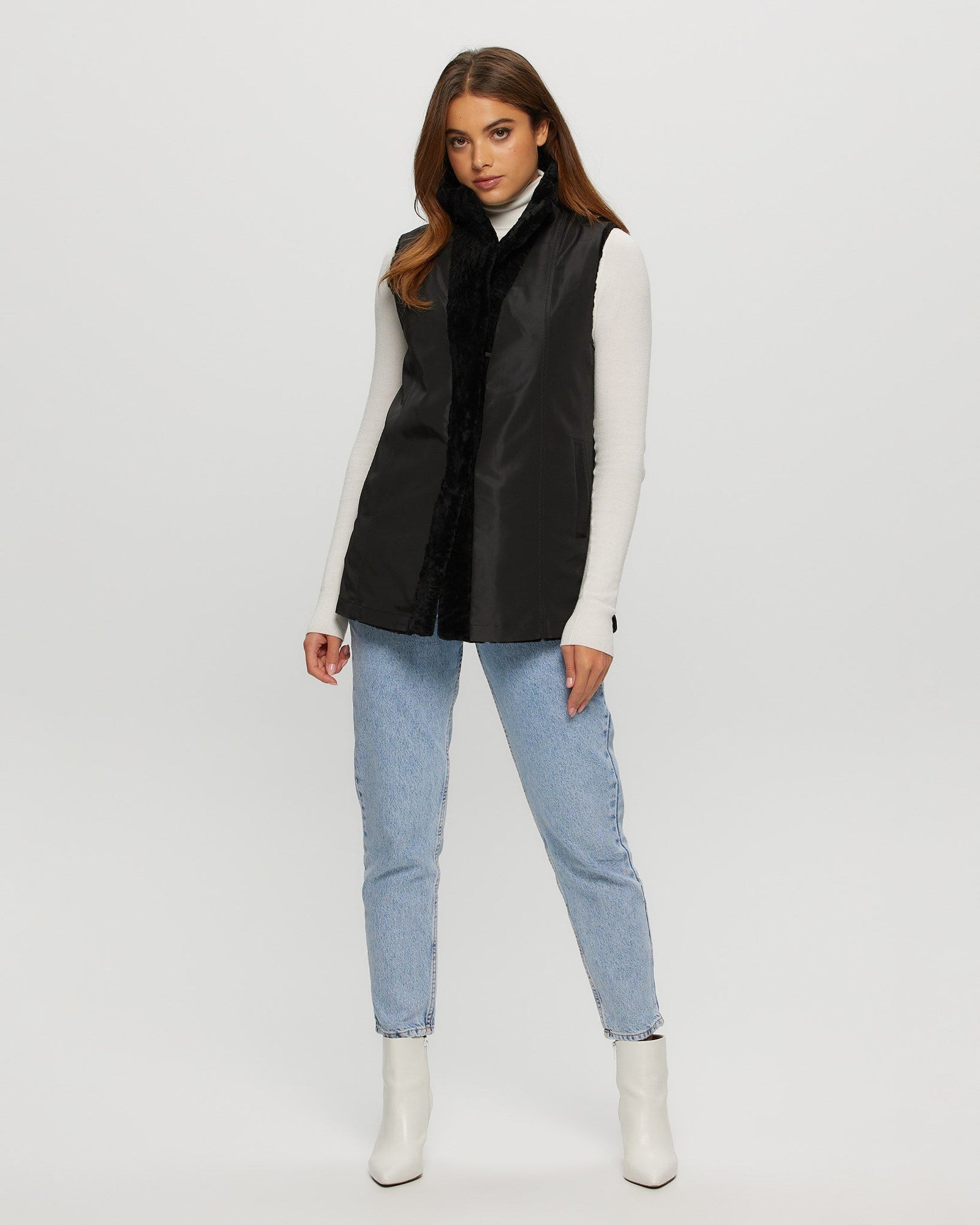 Select Shearling Lamb Vest Reversible To Taffeta | Women | Black x Black