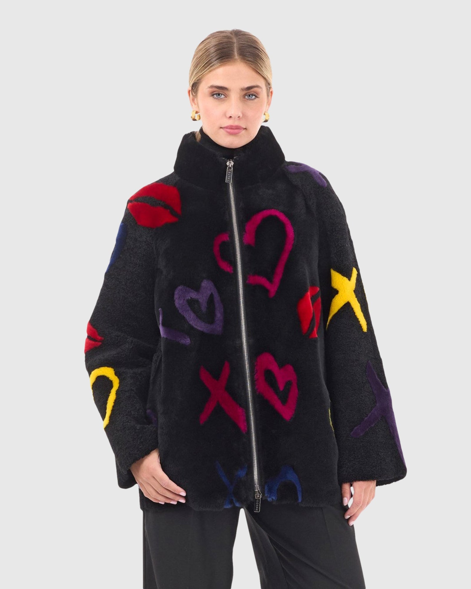 Select Shearling Lamb Zip Jacket | Black/Xo Multi