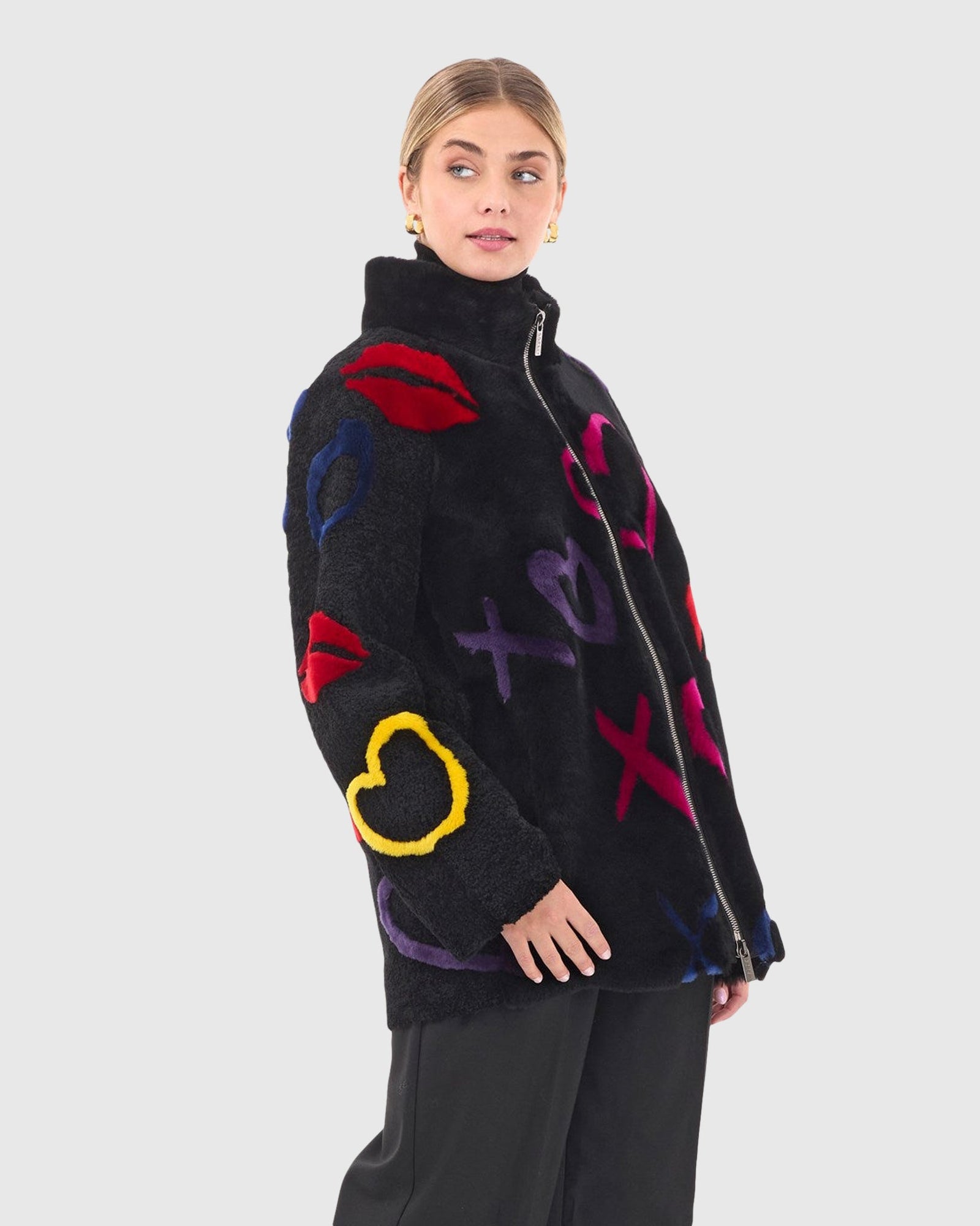 Select Shearling Lamb Zip Jacket | Black/Xo Multi