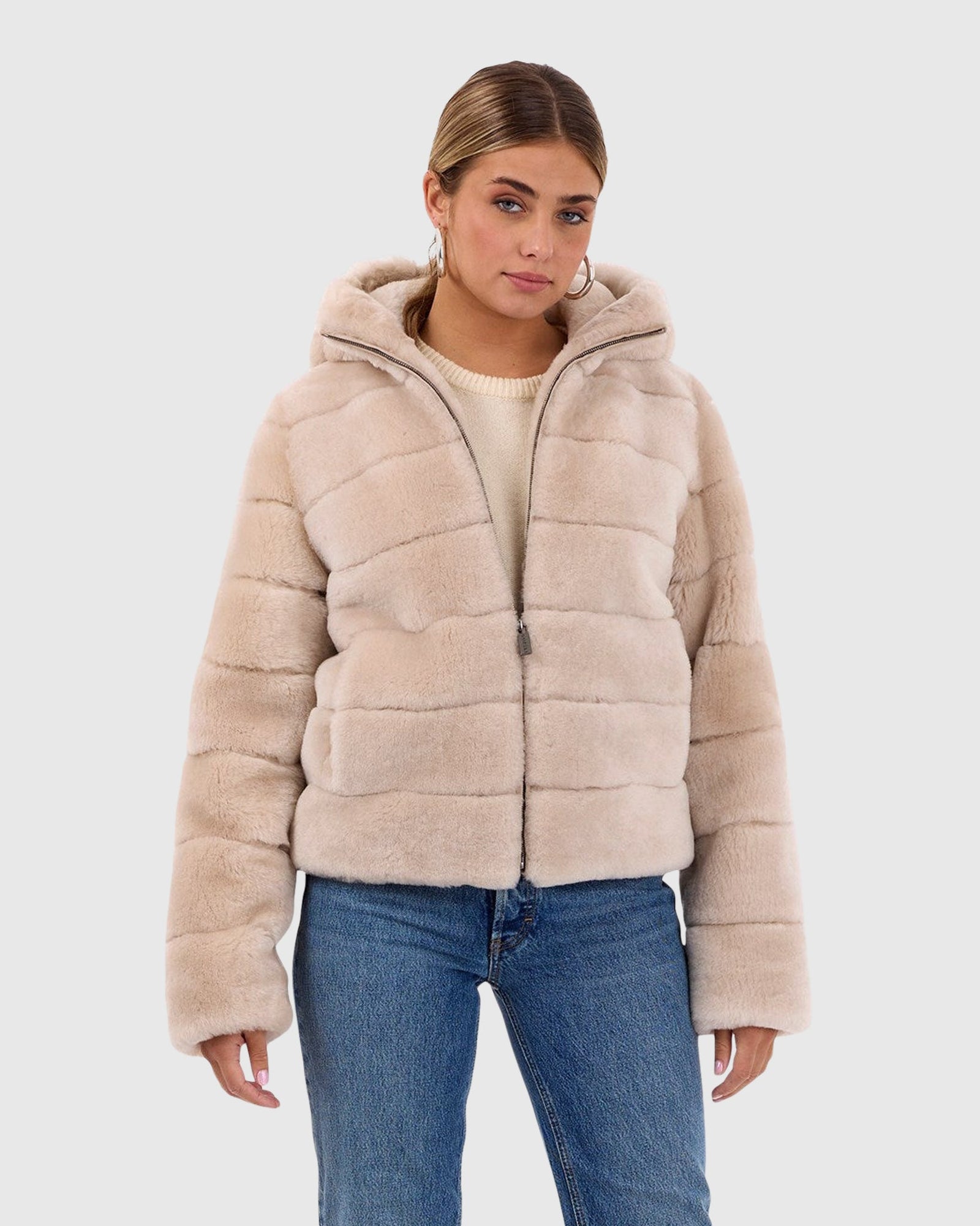 Select Shearling Lamb Zip Jacket With Hood | Beige