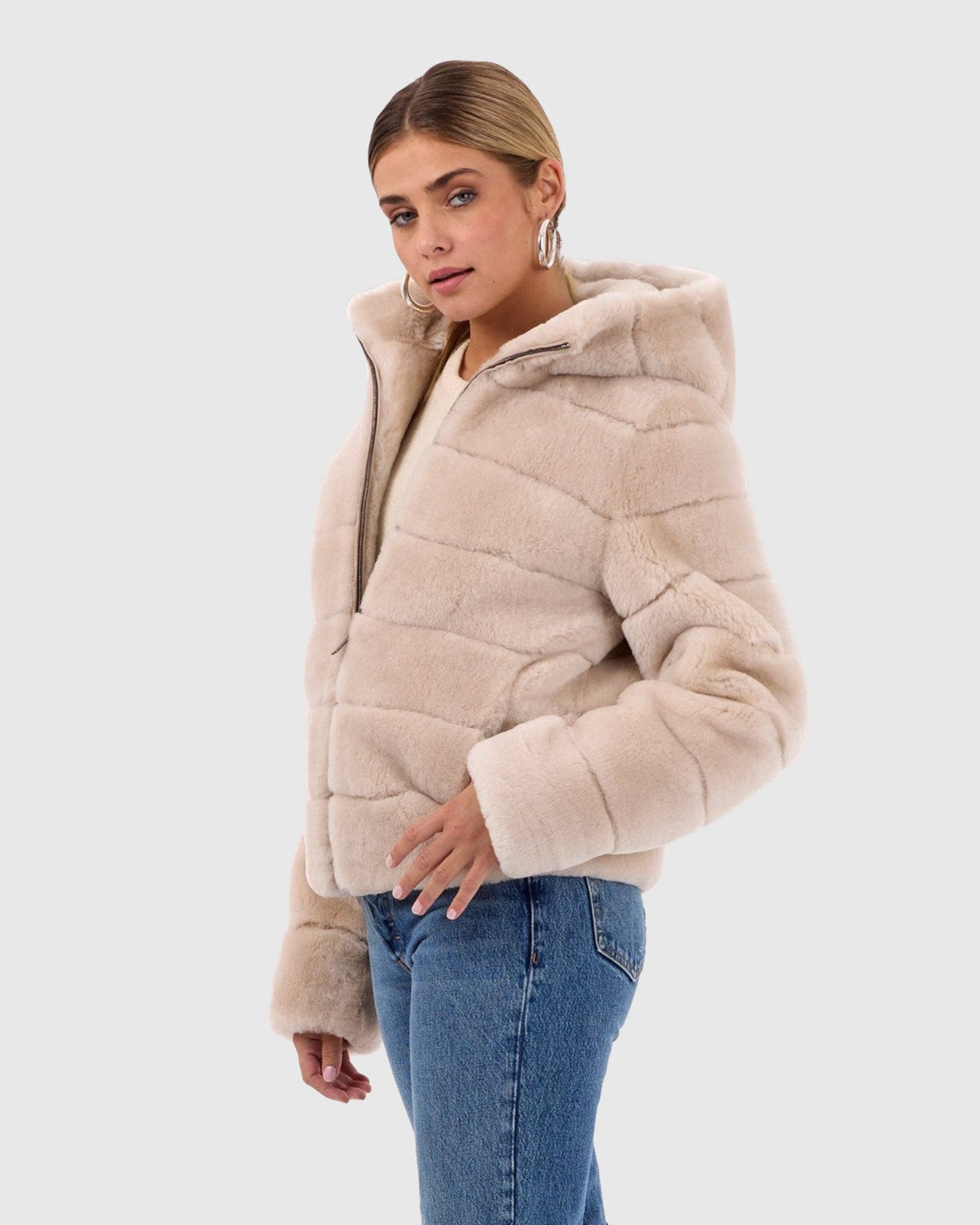 Select Shearling Lamb Zip Jacket With Hood | Beige