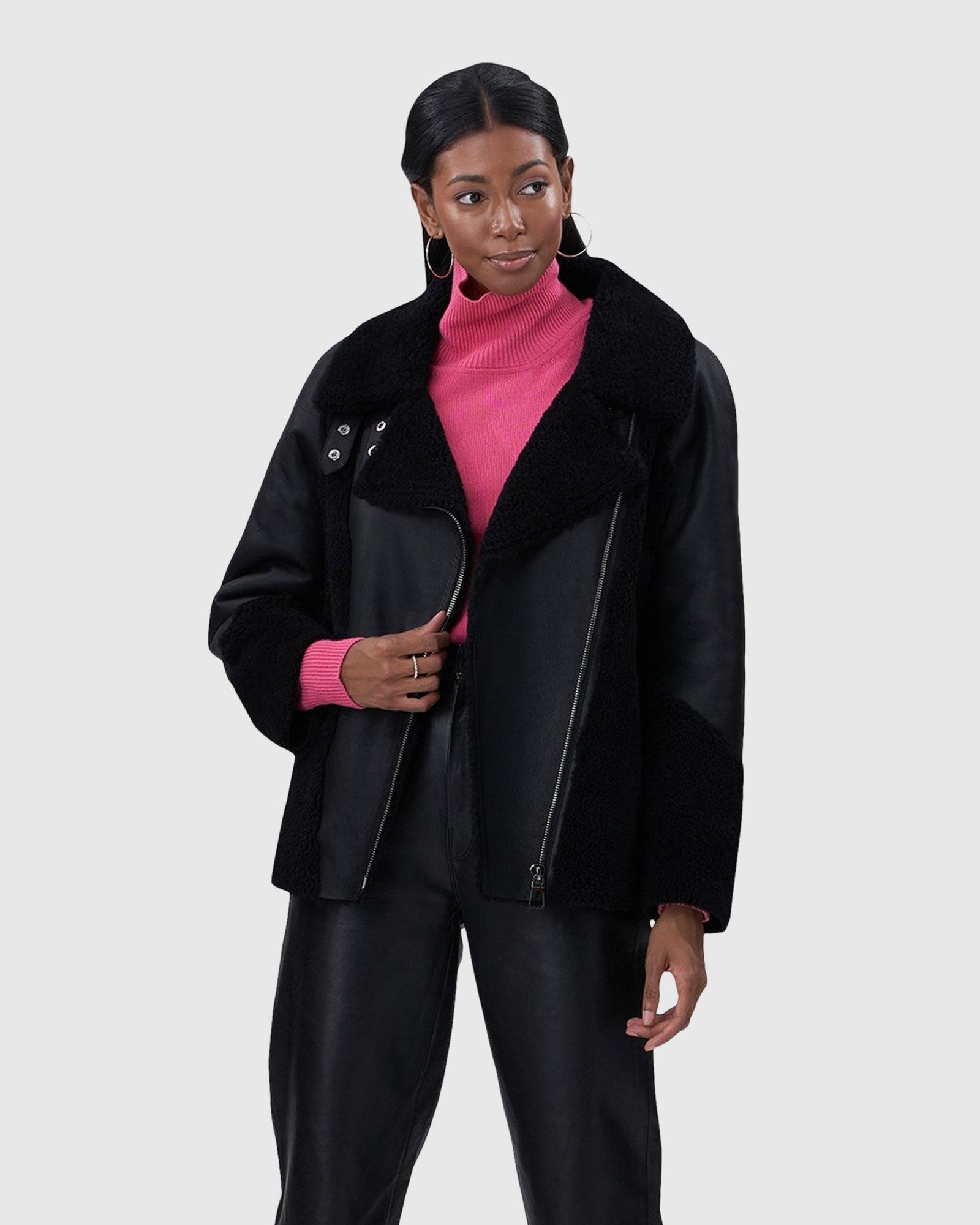 Select Shearling Lamb Zip Moto Jacket | Black/Black