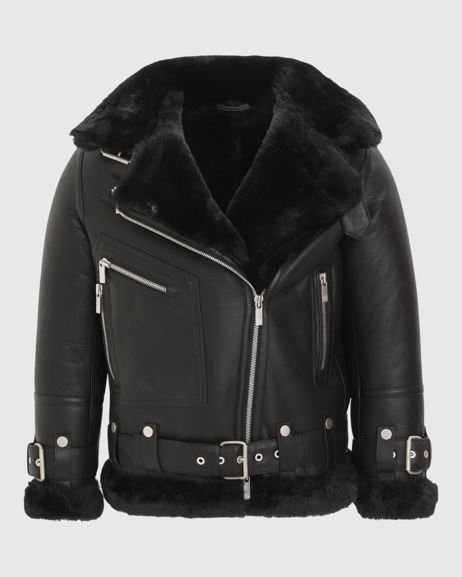 Genuine British Shearling Lamb, Hide To Heavy Wool Moto Jacket | Black