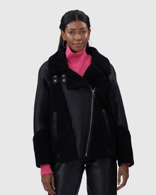 Select Shearling Lamb Zip Moto Jacket | Black/Black