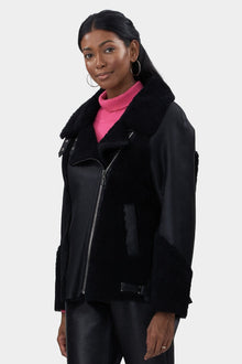 Select Shearling Lamb Zip Moto Jacket | Women | Black x Black