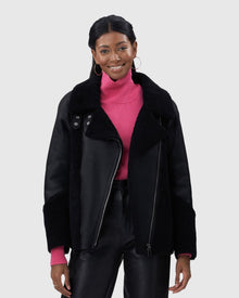 Select Shearling Lamb Zip Moto Jacket | Black/Black