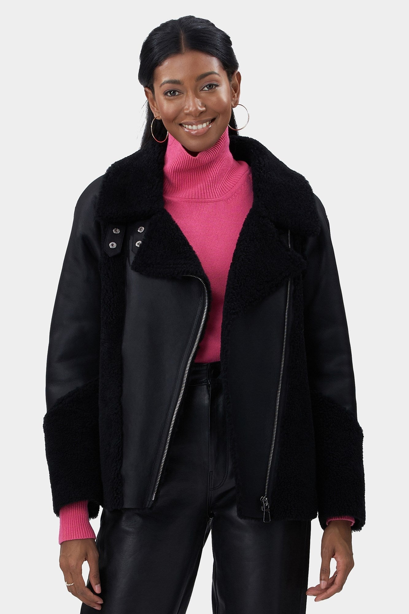 Select Shearling Lamb Zip Moto Jacket | Women | Black x Black